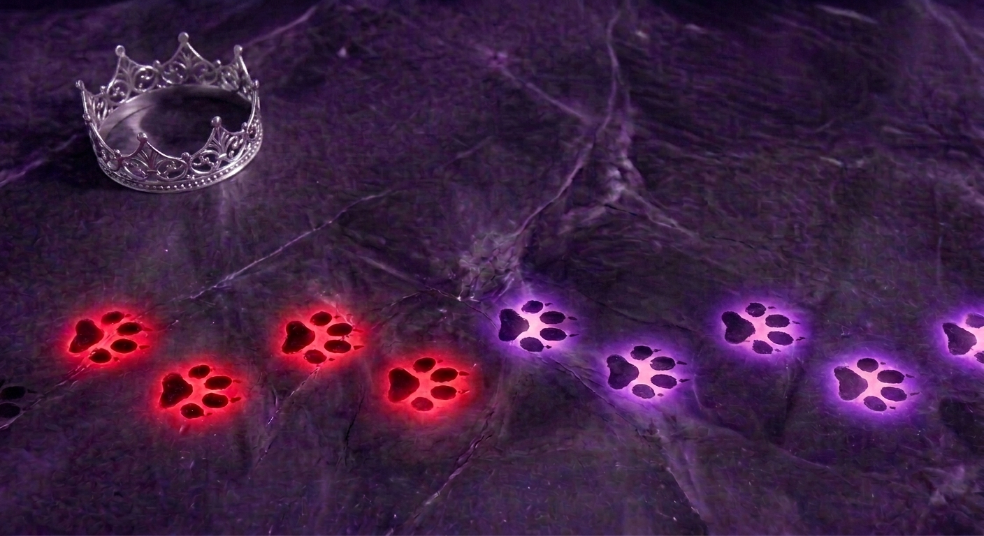 Glowing-red-and-purple-pawprints-beside-silver-crown